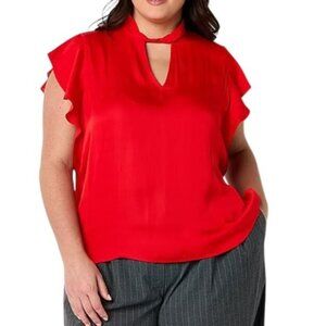 Worthington Keyhole Neck Flutter Sleeve‎ Satin Blouse in Red Size XXL NWT